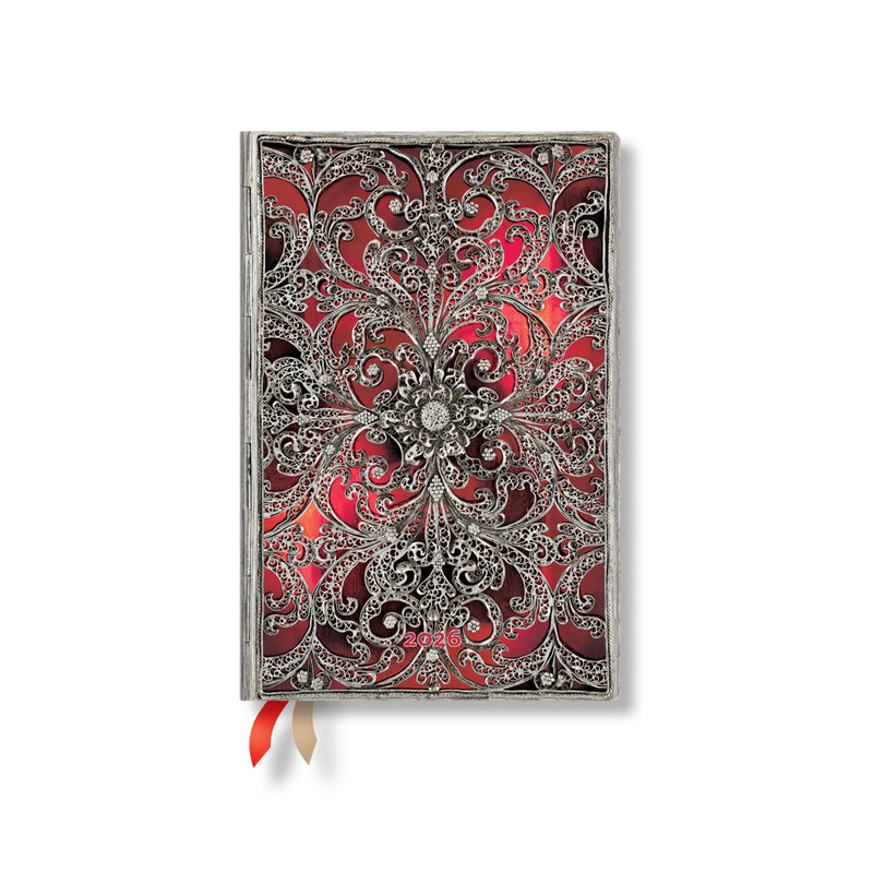 Paperblanks | 2026 Garnet | Silver Filigree Collection | 12-Month Planner Flexis | Mini | Vertical | Elastic Band | 176 Pg | 100 GSM