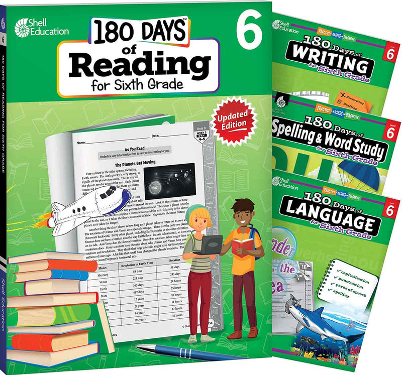 180 Days: Reading 2nd Ed, Writing, Spelling, & Language Grade 6: 4-Book Set: Practice, Assess, Diagnose
