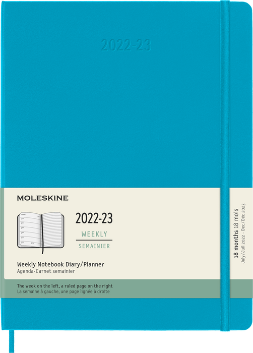 Moleskine 2023 Weekly Notebook Planner, 18M, Extra Large, Manganese Blue, Hard Cover (7.5 x 10)